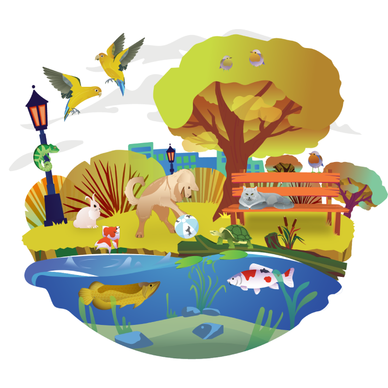 Illustration of a park with animals, trees, and a pond